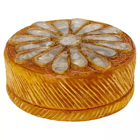 Line Vautrin yellow talosel marguerite mirror round box 1960 For Sale at 1stDibs