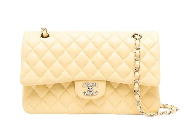 pastel yellow Chanel crossbody purse