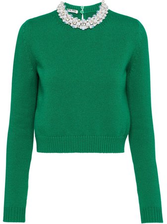 Miu Miu, Green Pearl-embellished Cropped Sweater