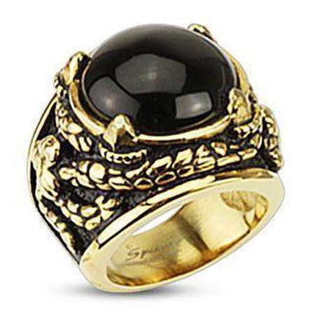 Dragon Claws Holding Onyx Stone Gold IP Steel Ring - SOHR-H2032 - Dark Fashion Clothing
