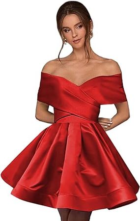 Amazon.com: Wirunsy Satin A Line Homecoming Dresses Short Off The Shoulder Prom Dresses for Teens Cocktail Mini Party Gowns with Pockets : Clothing, Shoes & Jewelry