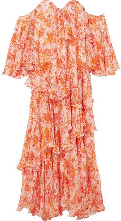 Ruffled Tiered Printed Silk-chiffon Maxi Dress - Orange