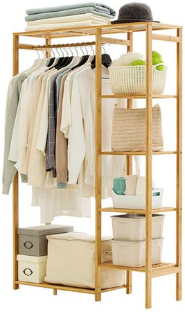 Amazon.com: Ufine Bamboo Garment Rack 6 Tier Storage Shelves Clothes Hanging Rack with Side Hooks, Heavy Duty Clothing Rack Portable Wardrobe Closet Organizer: Home & Kitchen