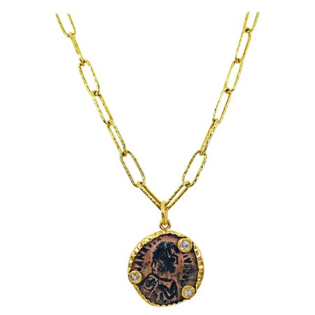 Ancient Byzantine Bronze Coin and Diamond 22 Karat Gold Pendant Necklace For Sale at 1stDibs