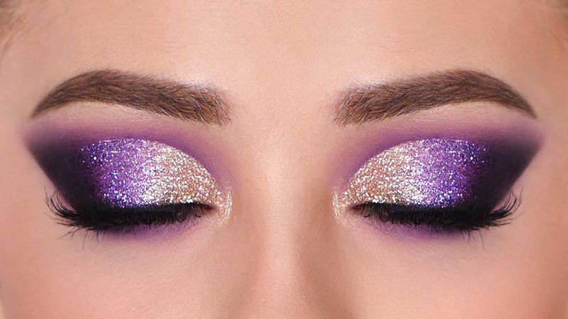 Purple & Gold Glitter Smokey Eye Makeup