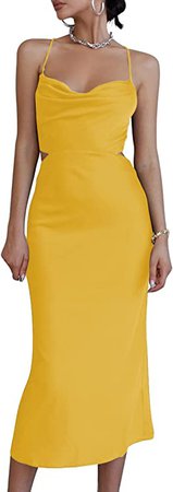 Amazon.com: LYANER Women's Satin Cowl Neck Straps Slip Sexy Cut Out Cocktail Midi Dress Yellow Medium : Clothing, Shoes & Jewelry