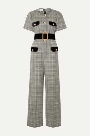 Gucci | Belted velvet-trimmed Prince of Wales checked wool jumpsuit | NET-A-PORTER.COM