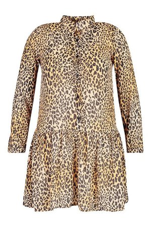 Plus Leopard Print Woven Smock Dress | Boohoo brown