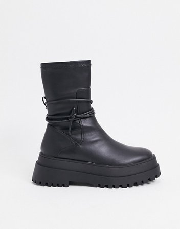 Public Desire Finale chunky flat ankle boots with tie in black | ASOS