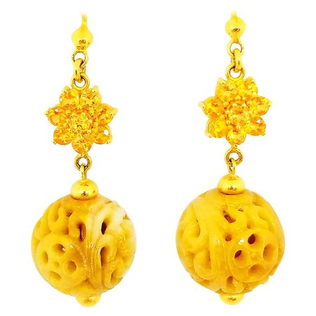 Yellow Orange Sapphire and Natural Amber Yellow Carved Jade Ball Drop Earrings