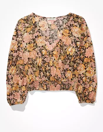 AE Floral Wrap-Front Blouse brown