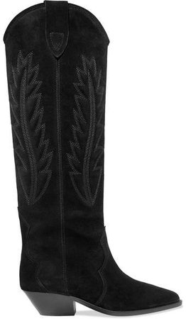 Denzy Embroidered Suede Knee Boots - Black