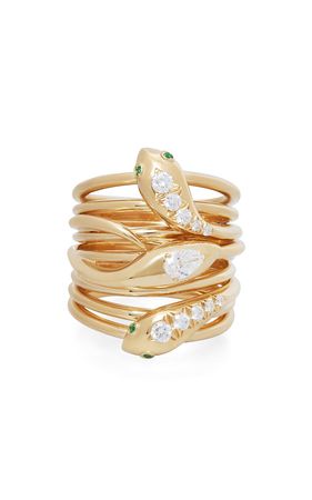 Three-Headed Serpentine 18k Yellow Gold Diamond, Emerald Ring By Sidney Garber | Moda Operandi