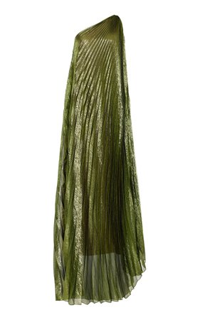 One Shoulder Pleated Lame Mousseline Gown By Oscar De La Renta | Moda Operandi