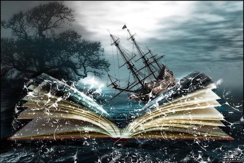 Fantasy Ship on Book Background