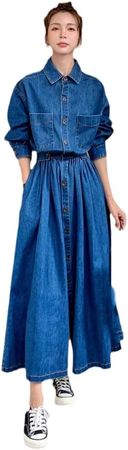Women Spring Autumn Vintage Single-Breasted Denim Dress Female Long Baggy Jeans Dresses Ladies Pockets at Amazon Women’s Clothing store