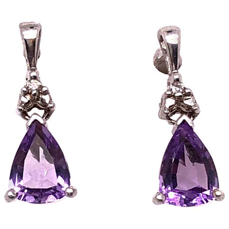 14 Karat White Gold and Amethyst Drop / Dangle Earrings with Diamond Accents For Sale at 1stDibs