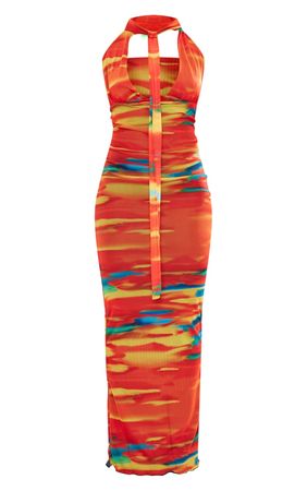 Orange Tie Dye Mesh High Neck Backless Maxi Dress | PrettyLittleThing USA