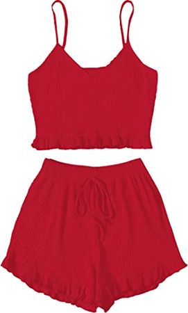 Red Avanova Women's Pajama Set Ruffle Trim Cami Top and Shorts 2 Piece Sleepwear Set at Amazon Women’s Clothing store