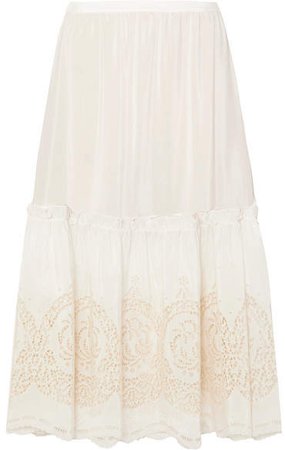 Tiered Broderie Anglaise Silk Midi Skirt - Ivory