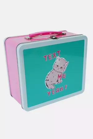 Text Me Yeah? Kitten Pink Teal Lunchbox Tin
