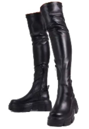 Stevie Chunky Sole Over The Knee Thigh High Long Boot In Black Faux Leather-EGO