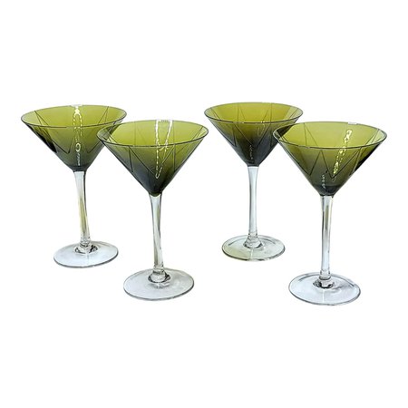 Vintage Olive Green Cut Glass Martini Glasses- Set of 4 | Chairish