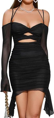 Amazon.com: GLNEGE Sexy Long Sleeve Off Shoulder Dress Ruched Bodycon Ruffle Cut Out Dresses Mini Club Outfits for Women Going Out : Clothing, Shoes & Jewelry