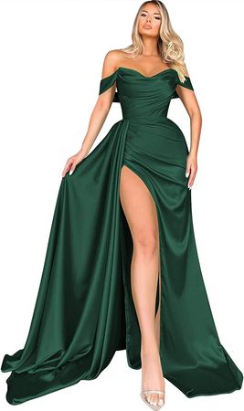 Miao Duo Women's Off Shoulder Mermaid Prom Dresses Long with Slit Pleates Wrap Satin Formal Evening Gowns MDPM104 at Amazon Women’s Clothing store