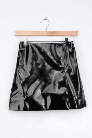 Black Vegan Leather Skirt - Patent Skirt - Faux Wrap Mini Skirt - Lulus
