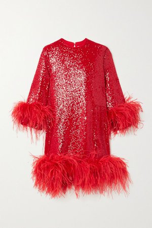 Red Billie feather-trimmed sequined crepe mini dress | 16ARLINGTON | NET-A-PORTER