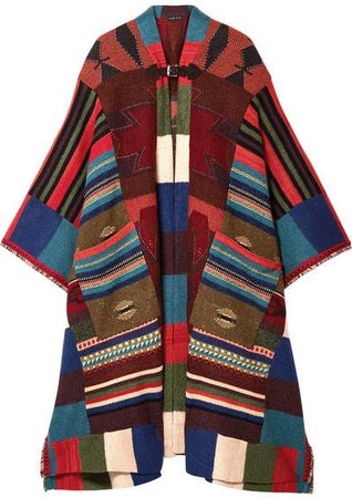 Fringed Leather-trimmed Wool-blend Cape - Red