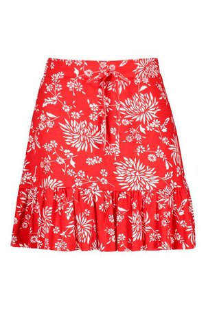 Ruffle Hem Floral Mini Skirt | Boohoo red