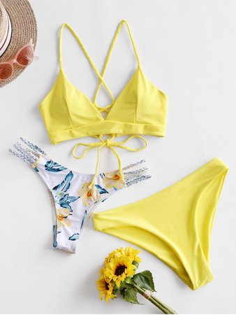 [30% OFF] [POPULAR] 2020 ZAFUL Flower Braided Lace Up Three Pieces Bikini Swimsuit In YELLOW | ZAFUL