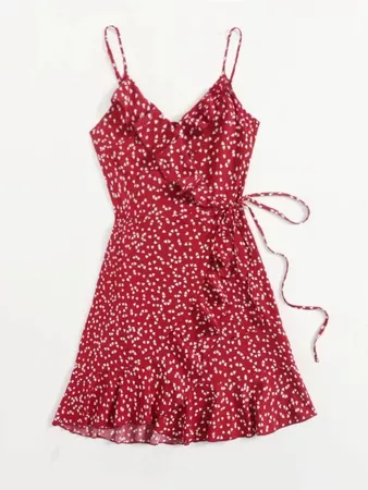 red Allover Heart Print Ruffle Detail Wrap Belted Slip Dress | SHEIN USA