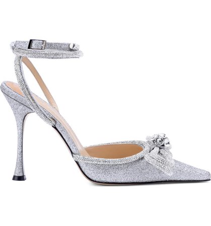 Silver Mach & Mach Glitter Double Crystal Bow Pointed Toe Pump | Nordstrom