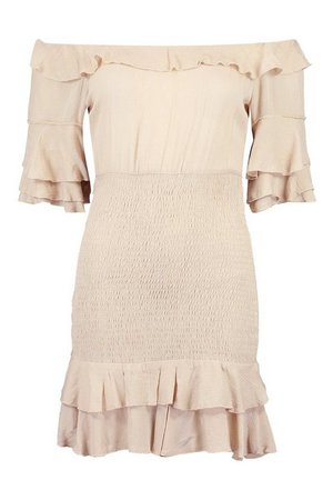 Off Shoulder Cheesecloth Mini Dress | boohoo