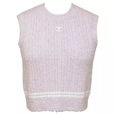 CHANEL Cropped Knit Jumper Top Lavender White Sleeveless Crew Neck top vest
