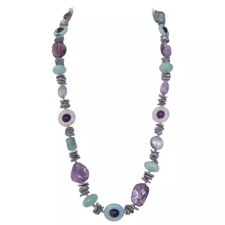 Marina J Amethyst, Rose Quartz, Grey Pearl and Aquamarine Infinity Necklace For Sale at 1stDibs | amazenite, amethyst infinity necklace, infinity stone necklace