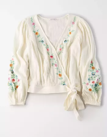 AE Embroidered Wrap Front Blouse white
