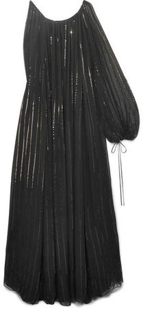 Asymmetric Sequin-embellished Silk-chiffon Gown - Black