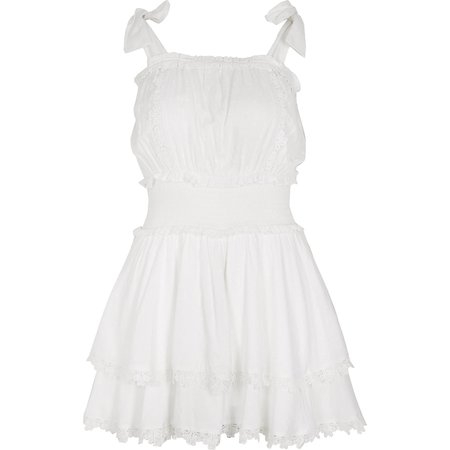 White shirred frill mini beach dress | River Island