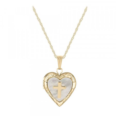 Child Jewelry - 14K Yellow Gold Mother of Pearl Cross Heart Locket Necklace (15 in)