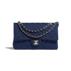 Chanel Jersey Gold-Tone Metal Navy Blue Classic Handbag | CHANEL
