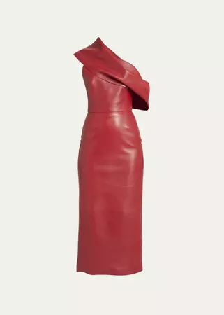 Alexander McQueen One-Shoulder Draped Leather Midi Dress - Bergdorf Goodman
