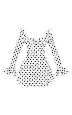 White Polka Dot Tie Bust Long Sleeve Scuba Frill Cuff Tea Dress | PrettyLittleThing USA