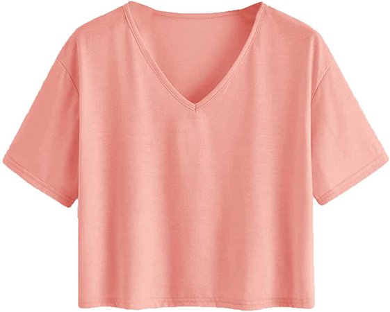 DIDK Women's Casual Crop Top Solid V Neck Short Sleeve Basic Tee Shirt Pink L at Amazon Women’s Clothing store