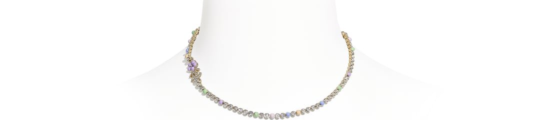 Necklace, metal, glass pearls & diamantés, gold, pearly white, multicolour & crystal - CHANEL