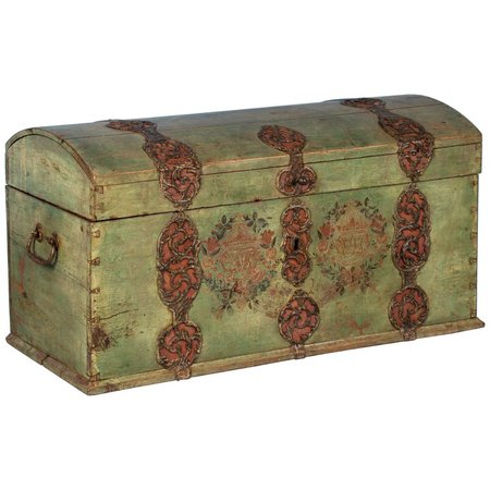 Antique Swedish Dome Top Trunk with Original Green Paint For Sale at 1stdibs