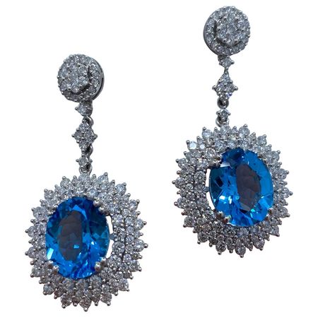 Scintillating Pair of 16.34 Carat Vivid Blue Topaz and Diamond 18K Gold Earrings For Sale at 1stDibs
